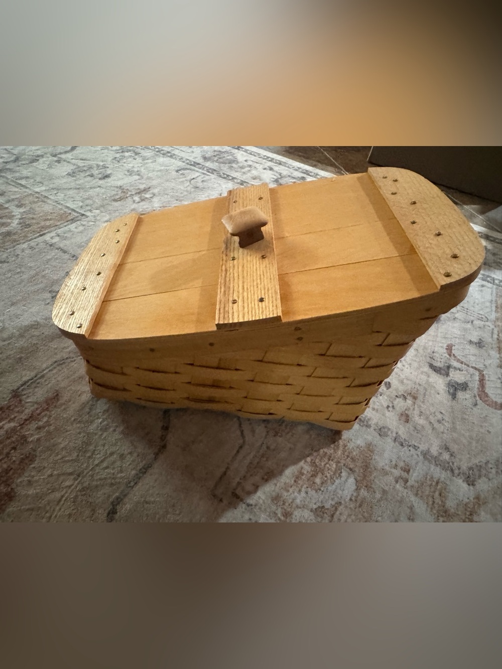 Handwoven Tan Wood Storage Basket with Hinged Lid